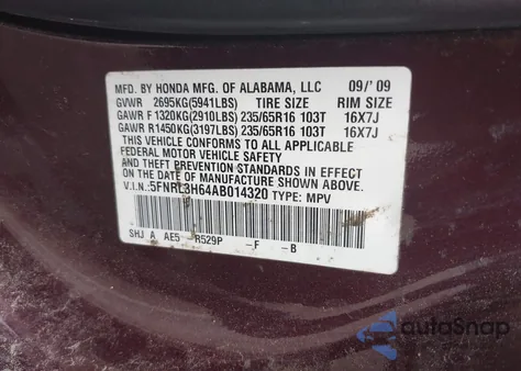 2010 Honda Odyssey Ex-L z USA, uszkodzony, nr VIN 5FNRL3H64AB014320